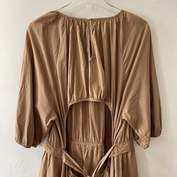 H&M Cotton Puff Sleeve Tie Waist Dress Plus Size XXL Tan Boho Travel - Picture 7 of 11